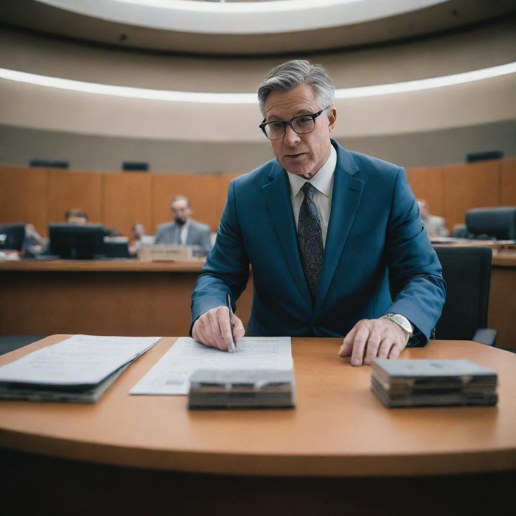 A futuristic view of a legislator creating a law, captured using a 24kCanon EOS R5 with RF 24mm f/2