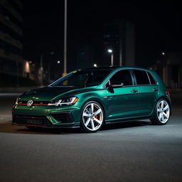 A dark green Volkswagen Golf R MK7 featuring a very aggressive body kit and striking white rims, set against a dark city background
