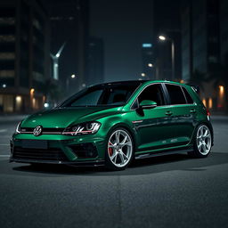 A dark green Volkswagen Golf R MK7 featuring a very aggressive body kit and striking white rims, set against a dark city background