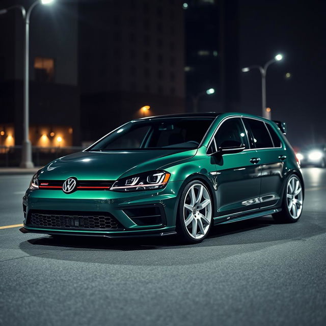 A dark green Volkswagen Golf R MK7 featuring a very aggressive body kit and striking white rims, set against a dark city background