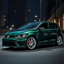 A dark green Volkswagen Golf R MK7 featuring a very aggressive body kit and striking white rims, set against a dark city background