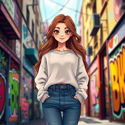 A vibrant and enchanting illustration of a teenage girl with striking features, wearing a trendy oversized sweater and high-waisted jeans