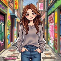 A vibrant and enchanting illustration of a teenage girl with striking features, wearing a trendy oversized sweater and high-waisted jeans