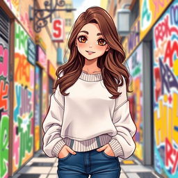 A vibrant and enchanting illustration of a teenage girl with striking features, wearing a trendy oversized sweater and high-waisted jeans