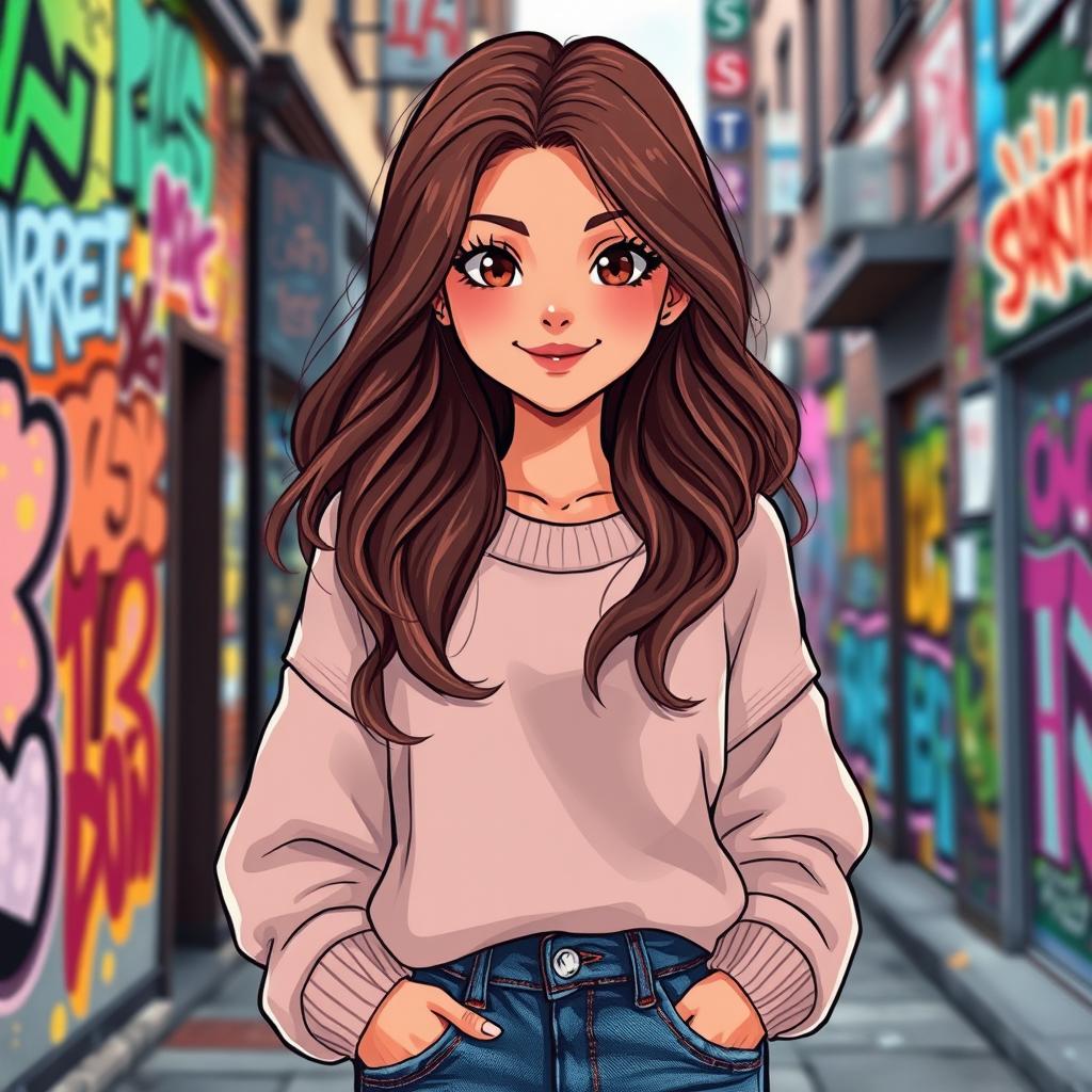 A vibrant and enchanting illustration of a teenage girl with striking features, wearing a trendy oversized sweater and high-waisted jeans