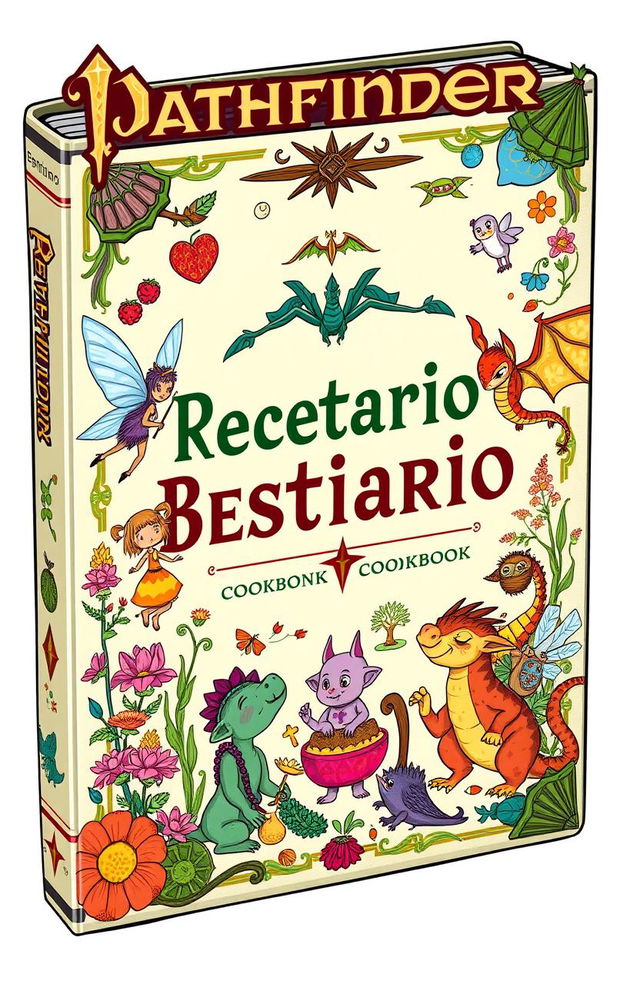 A colorful cookbook titled "Recetario Bestiario" by Nyra, designed for mythical creatures from the Pathfinder universe