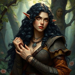 A detailed fantasy artwork of a powerful female druid, a hermit elf from the woods