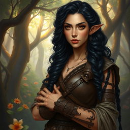 A detailed fantasy artwork of a powerful female druid, a hermit elf from the woods