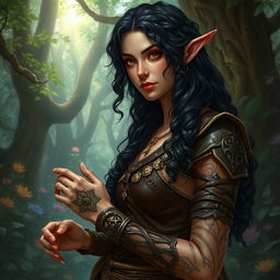 A detailed fantasy artwork of a powerful female druid, a hermit elf from the woods
