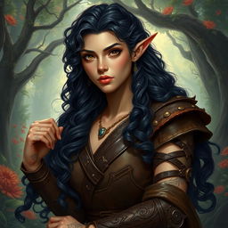 A detailed fantasy artwork of a powerful female druid, a hermit elf from the woods