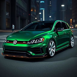 A dark green Volkswagen Golf R MK7 featuring a very aggressive body kit, complemented by striking white rims