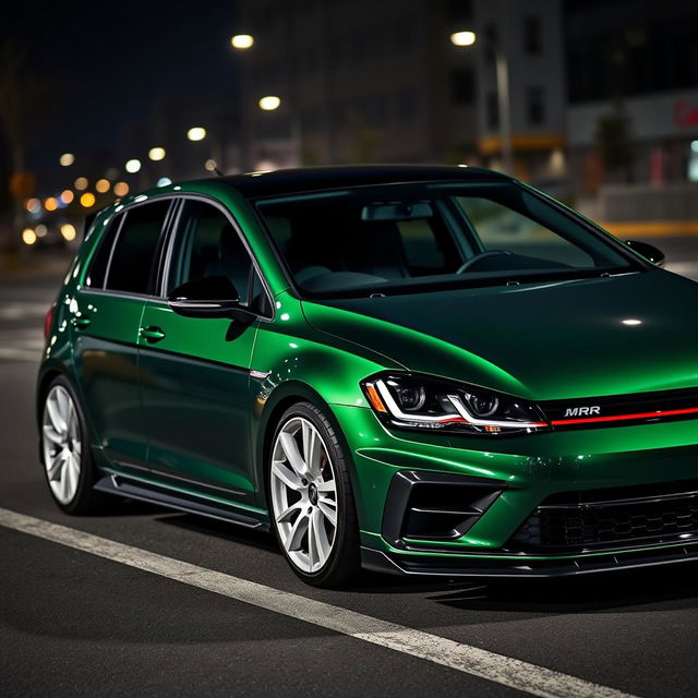 A dark green Volkswagen Golf R MK7 featuring a very aggressive body kit, complemented by striking white rims