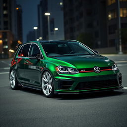 A dark green Volkswagen Golf R MK7 featuring a very aggressive body kit, complemented by striking white rims