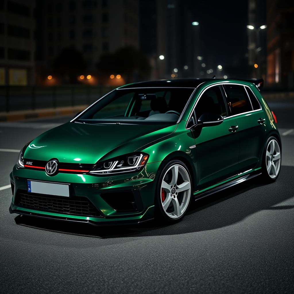 A dark green Volkswagen Golf R MK7 featuring a very aggressive body kit, complemented by striking white rims