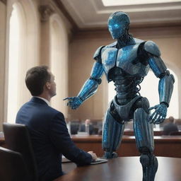 A depiction of an artificial intelligence helping a legislator create a law in the year 3000, exemplifying a vibrant future collaboration