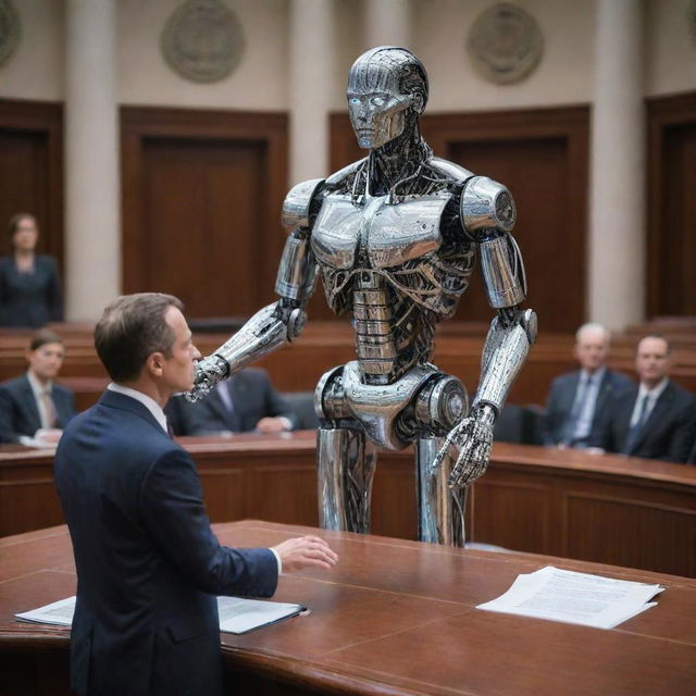 A depiction of an artificial intelligence helping a legislator create a law in the year 3000, exemplifying a vibrant future collaboration