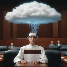 An image from the year 3000 showcasing a cloud-based artificial intelligence assisting a legislator in creating a law, signifying the synergy of technology and governance