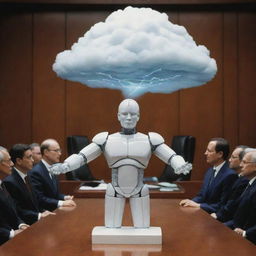 An image from the year 3000 showcasing a cloud-based artificial intelligence assisting a legislator in creating a law, signifying the synergy of technology and governance