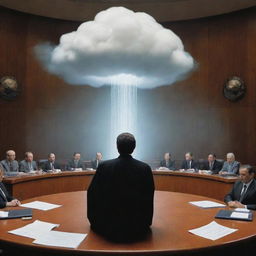 An image from the year 3000 showcasing a cloud-based artificial intelligence assisting a legislator in creating a law, signifying the synergy of technology and governance