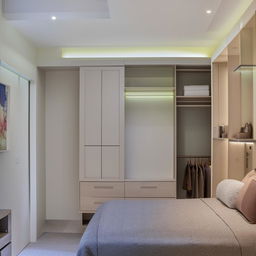 A well-designed 14*15.5 ft bedroom with an ensuite bathroom and a walk-in closet, decorated elegantly with soothing colors and modern furniture.