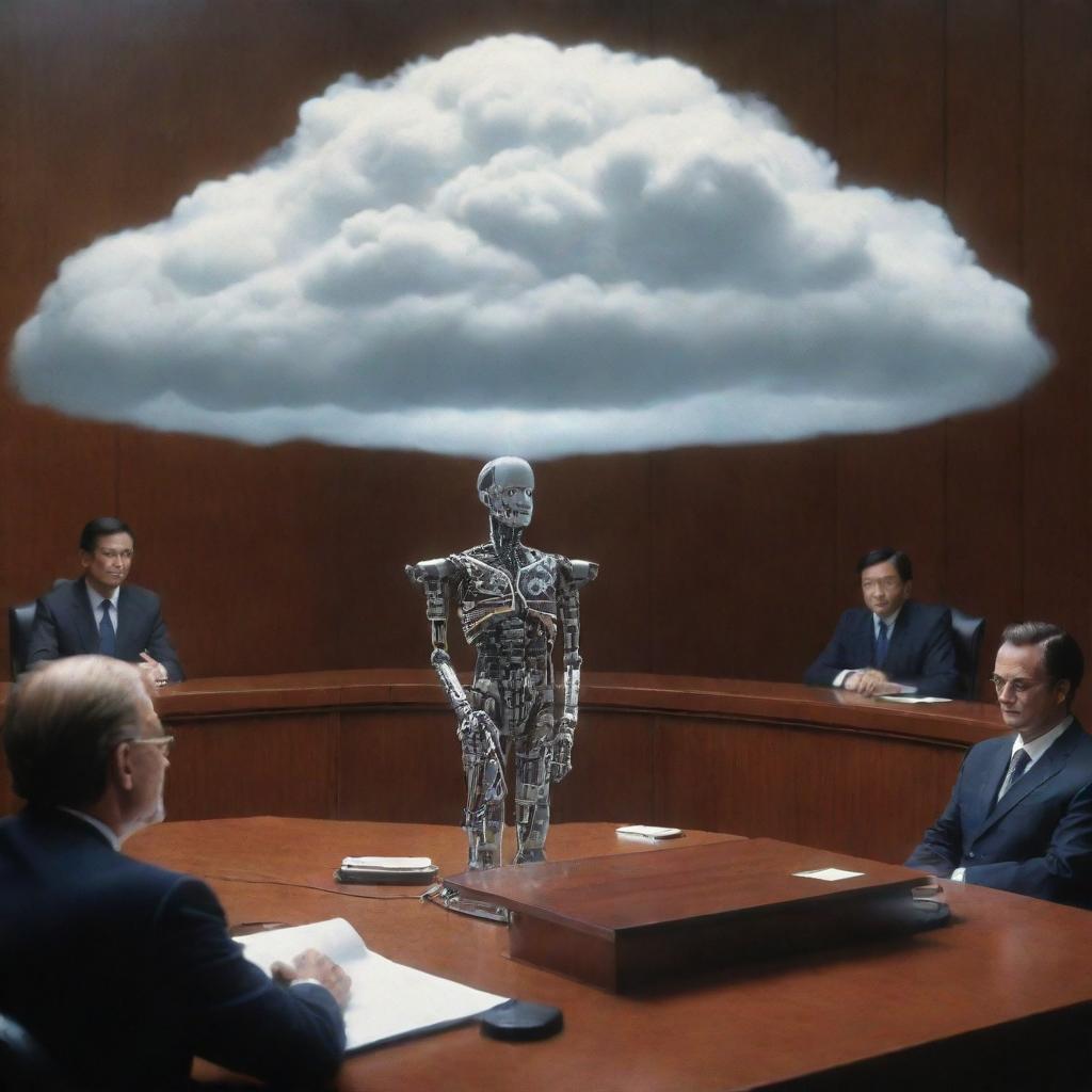 An image from the year 3000 showcasing a cloud-based artificial intelligence assisting a legislator in creating a law, signifying the synergy of technology and governance