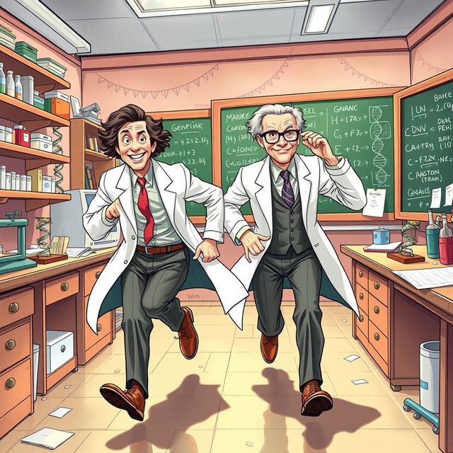 A dynamic illustration of Watson and Crick in a vibrant laboratory setting, both are depicted in mid-run, showcasing their urgent pursuit of scientific discovery