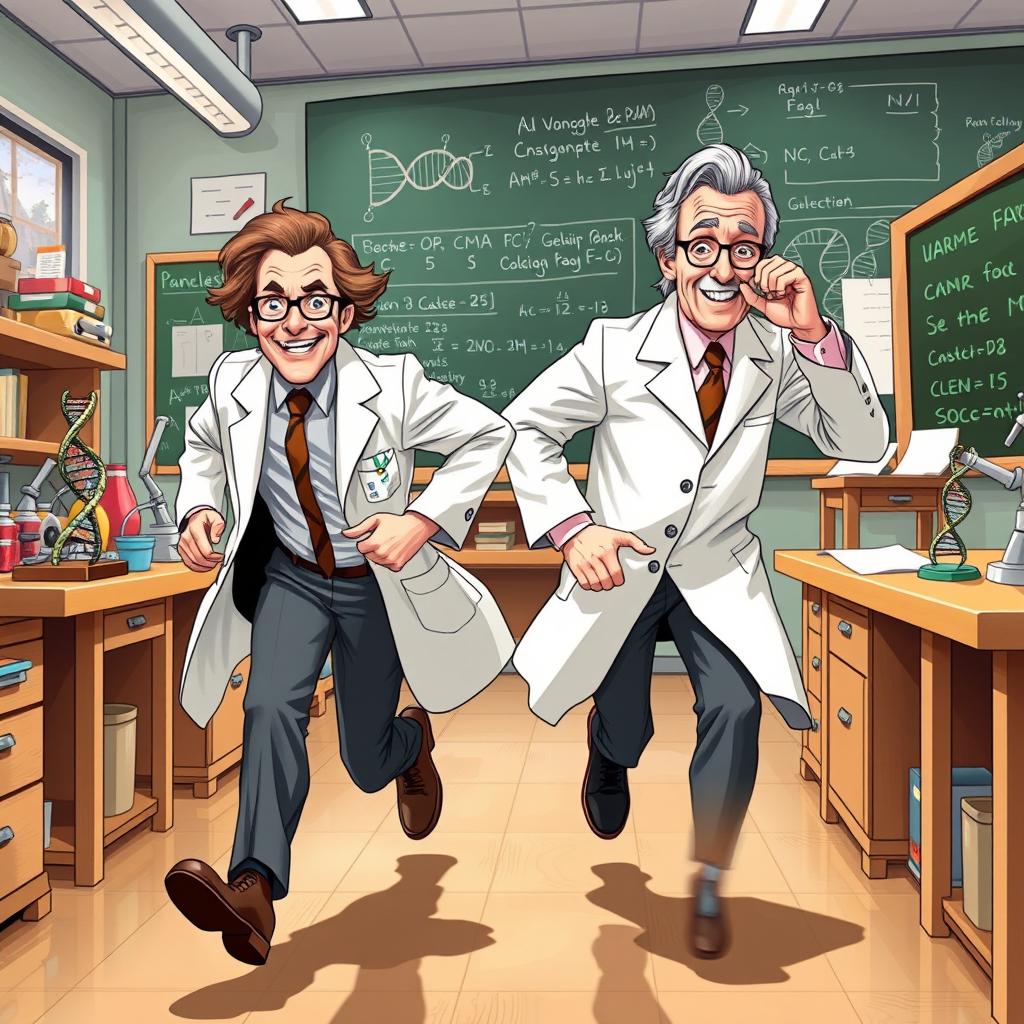 A dynamic illustration of Watson and Crick in a vibrant laboratory setting, both are depicted in mid-run, showcasing their urgent pursuit of scientific discovery