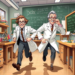 A dynamic illustration of Watson and Crick in a vibrant laboratory setting, both are depicted in mid-run, showcasing their urgent pursuit of scientific discovery