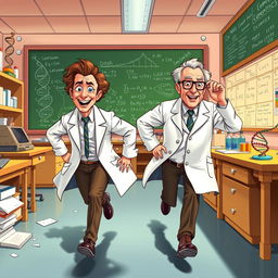 A dynamic illustration of Watson and Crick in a vibrant laboratory setting, both are depicted in mid-run, showcasing their urgent pursuit of scientific discovery