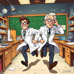 A dynamic illustration of Watson and Crick in a vibrant laboratory setting, both are depicted in mid-run, showcasing their urgent pursuit of scientific discovery