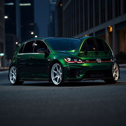 A dark green Volkswagen Golf R MK7 featuring a very aggressive body kit and eye-catching white rims, set in a dark city environment