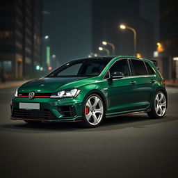 A dark green Volkswagen Golf R MK7 featuring a very aggressive body kit and eye-catching white rims, set in a dark city environment