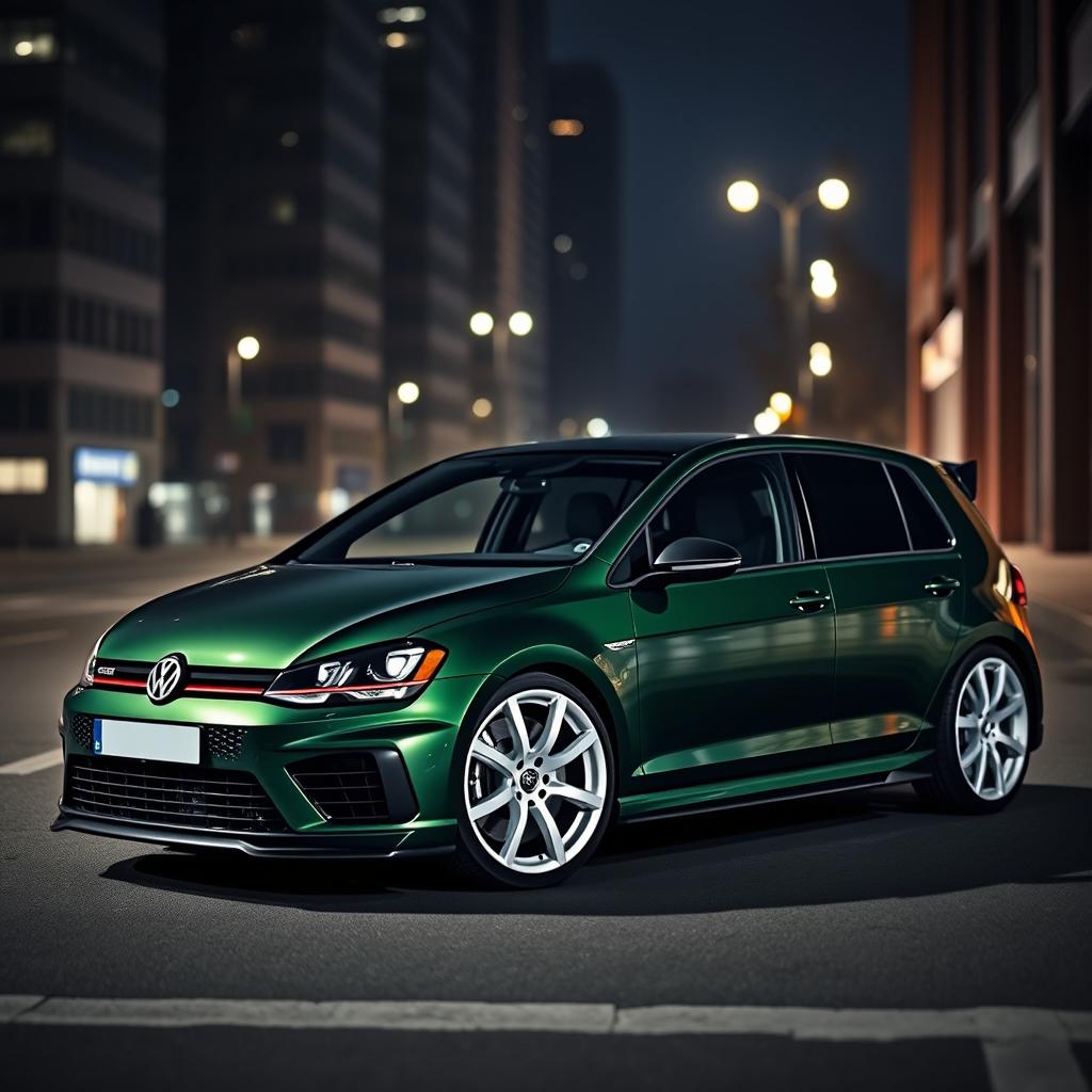 A dark green Volkswagen Golf R MK7 featuring a very aggressive body kit and eye-catching white rims, set in a dark city environment