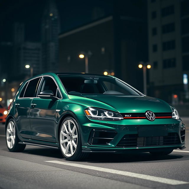 A dark green Volkswagen Golf R MK7 featuring a very aggressive body kit and eye-catching white rims, set in a dark city environment