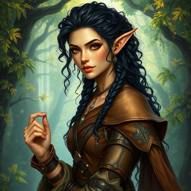 A detailed fantasy artwork of a powerful female druid, a hermit elf from the woods