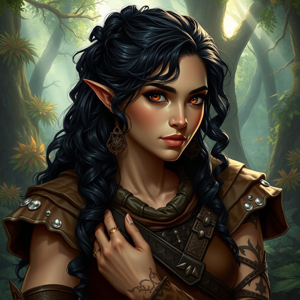 A detailed fantasy artwork of a powerful female druid, a hermit elf from the woods