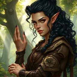 A detailed fantasy artwork of a powerful female druid, a hermit elf from the woods