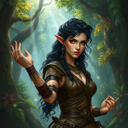 A detailed fantasy artwork of a powerful female druid, a hermit elf from the woods