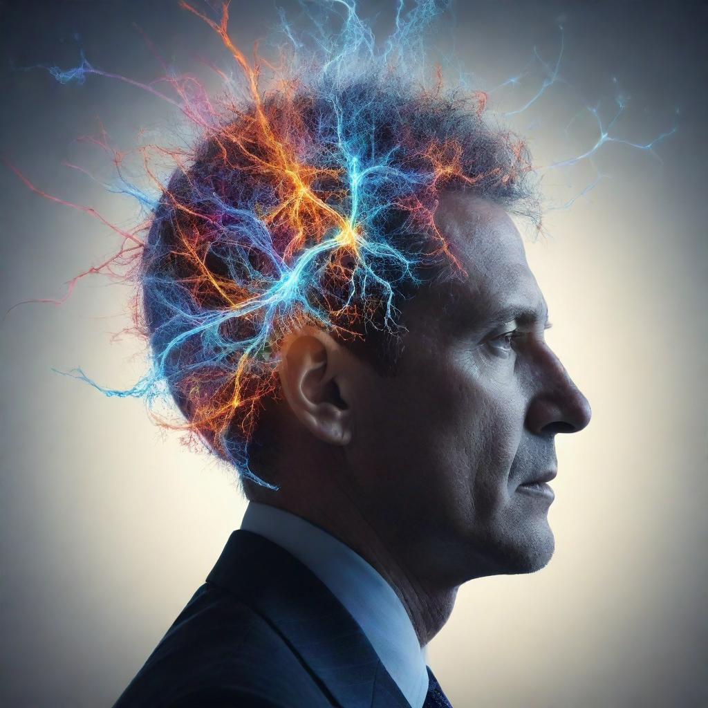 An imaginative depiction of a deep-thinking legislator with symbolic neurons firing above their head, signifying the vibrant, creative process