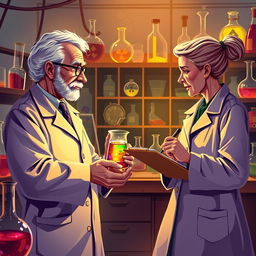 A vivid illustration of Paul Ehrlich and Marie Curie engaged in a friendly challenge within a laboratory setting