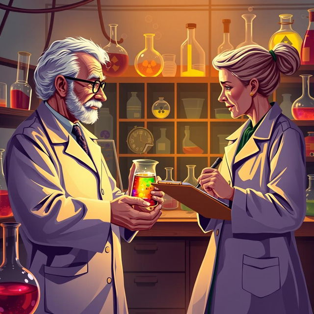 A vivid illustration of Paul Ehrlich and Marie Curie engaged in a friendly challenge within a laboratory setting