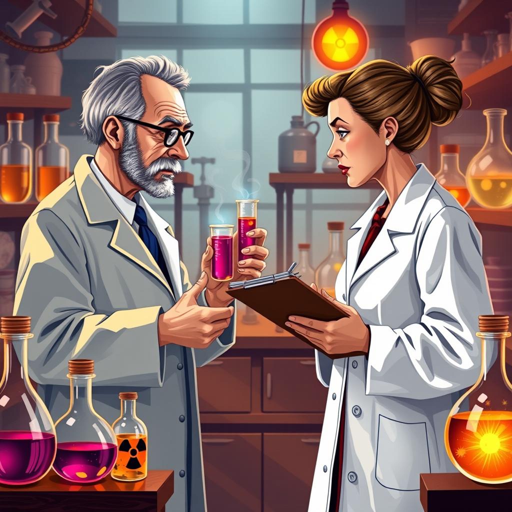 A vivid illustration of Paul Ehrlich and Marie Curie engaged in a friendly challenge within a laboratory setting