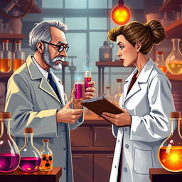 A vivid illustration of Paul Ehrlich and Marie Curie engaged in a friendly challenge within a laboratory setting