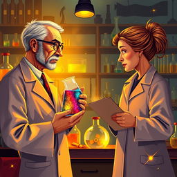 A vivid illustration of Paul Ehrlich and Marie Curie engaged in a friendly challenge within a laboratory setting