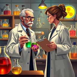 A vivid illustration of Paul Ehrlich and Marie Curie engaged in a friendly challenge within a laboratory setting
