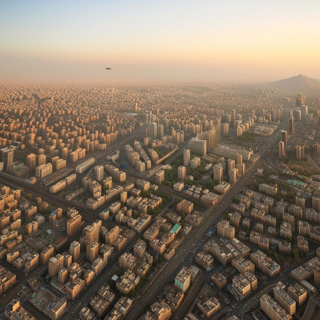 A busy passenger plane flying over Tehran with detailed cityscape below during sunset.