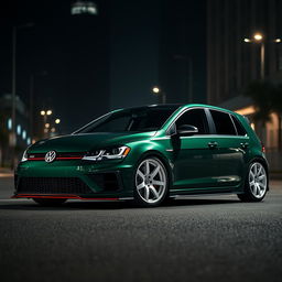 A dark green Volkswagen Golf MK7 featuring a very aggressive body kit and eye-catching white rims, set in a dark city setting