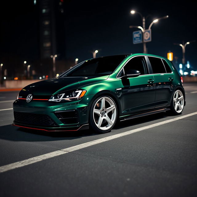 A dark green Volkswagen Golf MK7 featuring a very aggressive body kit and eye-catching white rims, set in a dark city setting