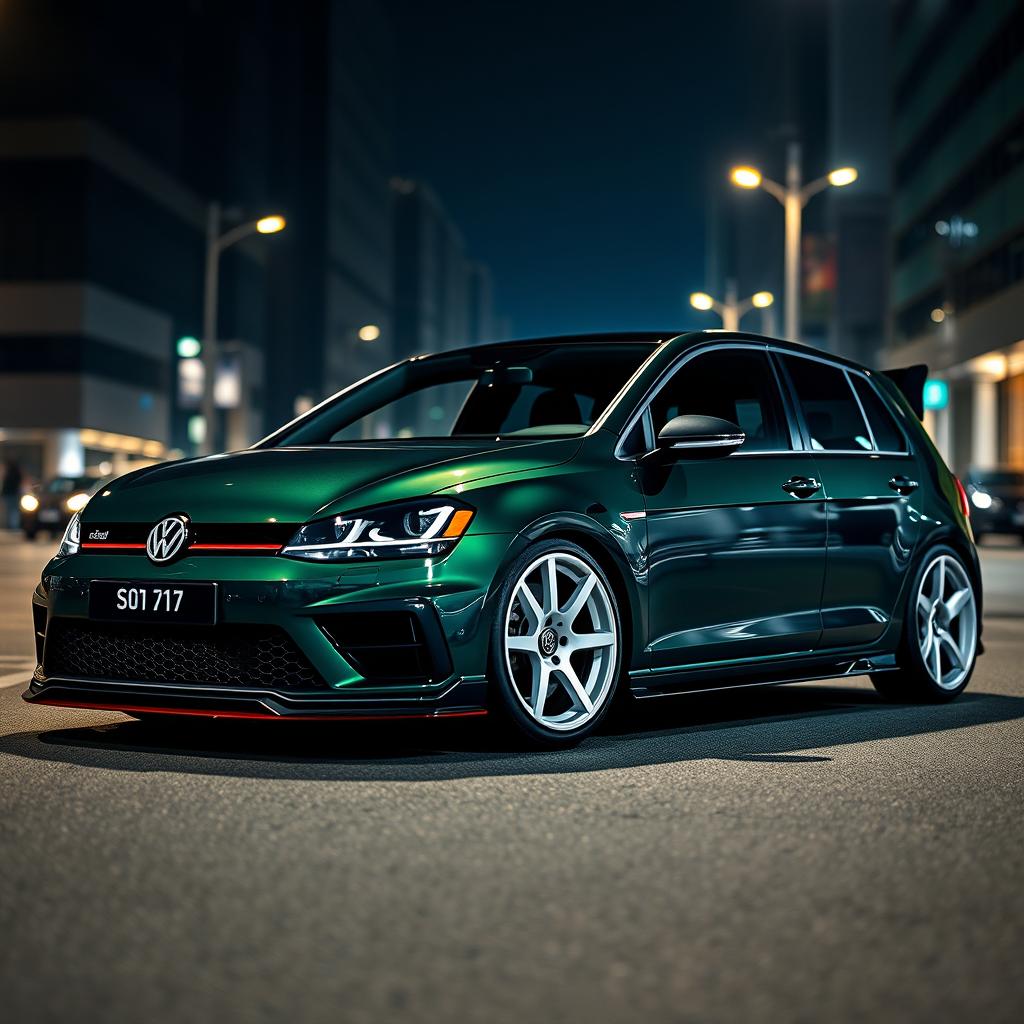 A dark green Volkswagen Golf MK7 featuring a very aggressive body kit and eye-catching white rims, set in a dark city setting