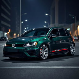 A dark green Volkswagen Golf MK7 featuring a very aggressive body kit and eye-catching white rims, set in a dark city setting